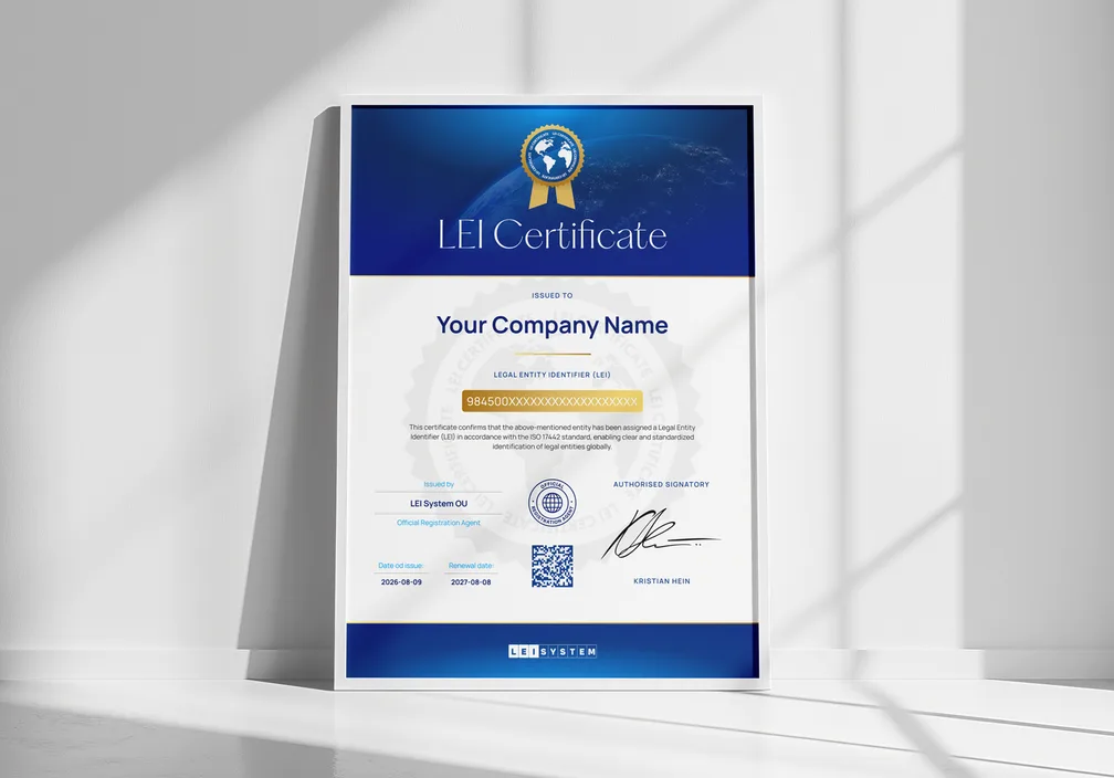 Un certificato LEI stampato